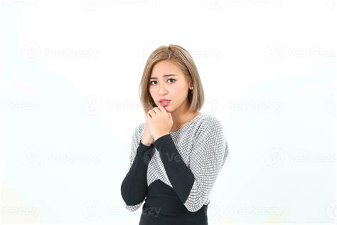 South east Asian Chinese Woman facial expression stand afraid worried ...
