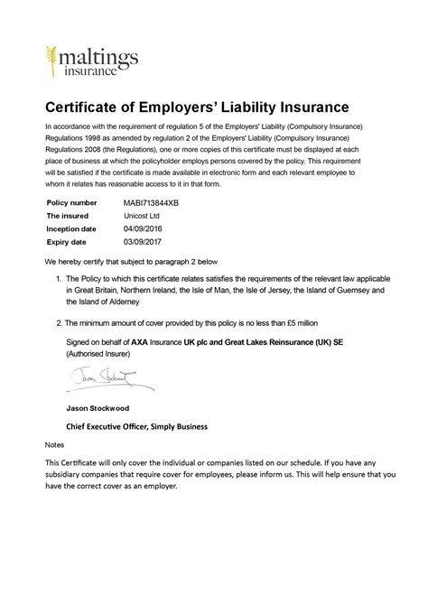 Customizable Fake Proof Of Maltings Employer Liability Insurance