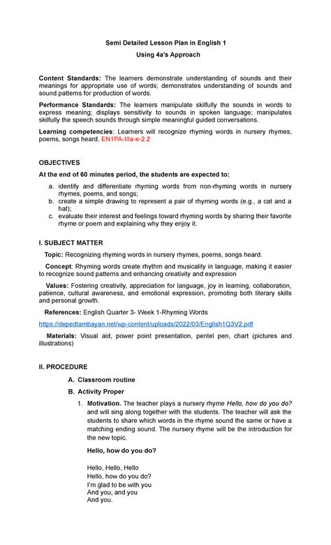 Semi Detailed Lesson Plan: Rhyming Words in English 1 (EN1PA-IIIa-e-2 ...