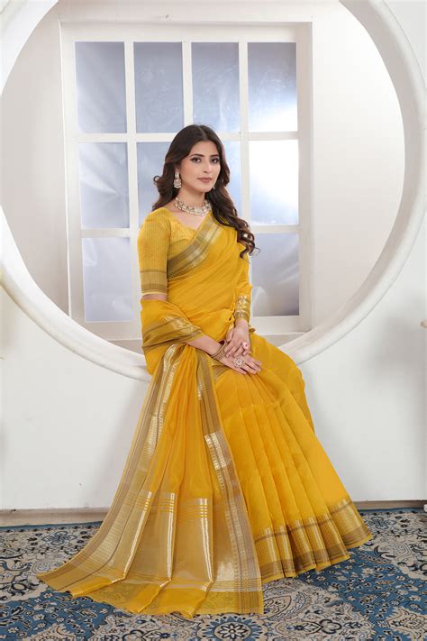 Yellow Solid Zari Design Organza Saree – Gajarai