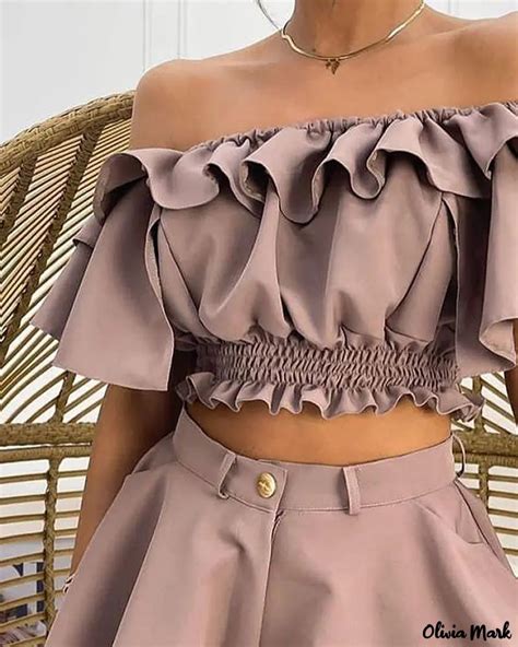 Olivia Mark - Off The Shoulder Ruffle Hem Ruched Top And Shorts Set ...