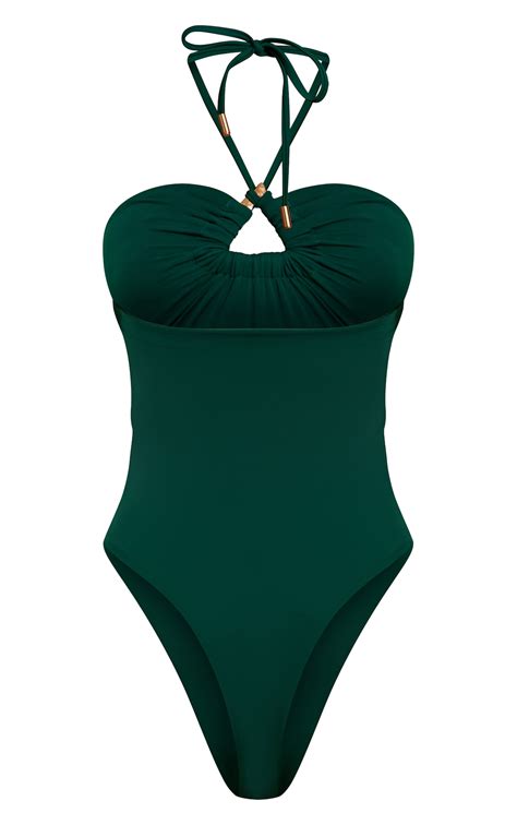 Emerald Green Triangle Trim Halter Neck Swimsuit | Swimwear | PLT KSA