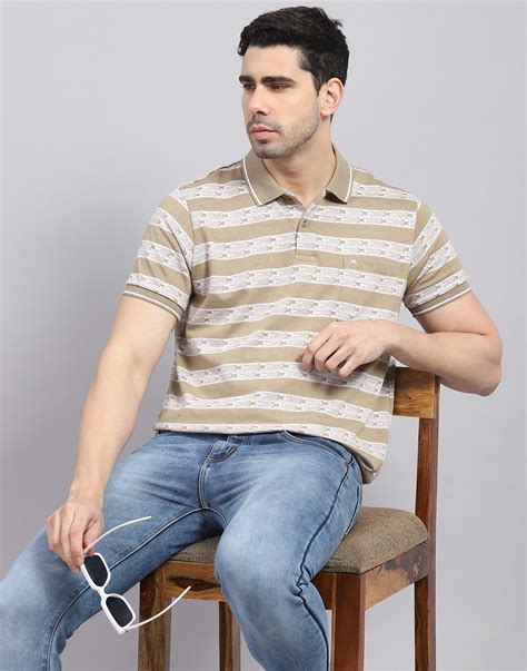 Buy Men Brown Stripe Polo Collar Half Sleeve T-Shirt Online in India ...