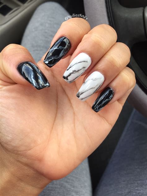 Marble nails coffin nails black and white nails | White nail designs ...