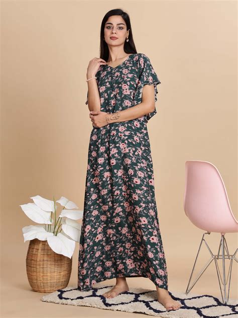 Buy Premium Green Floral Rayon Nightdress for Women Online – 9shines label