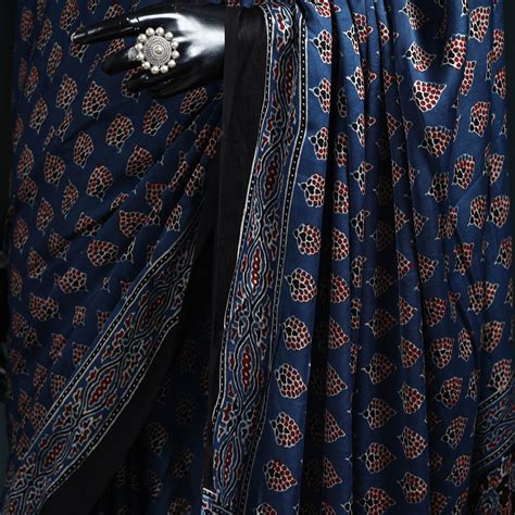 Blue Natural Dyed Modal Silk Kutch Hand Block Print Ajrakh Saree