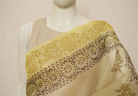 Off White and Lemon Yellow Block Printed Supernet Kota saree With ...