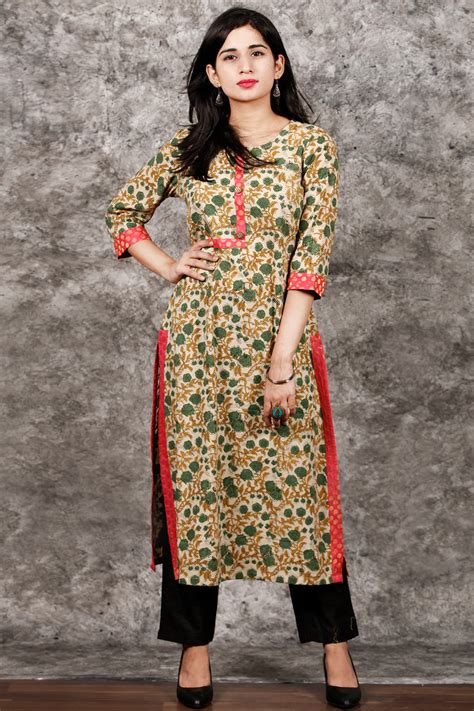 Beige Green Brown Hand Block Printed Kurta in Natural Colors - K122F13 ...