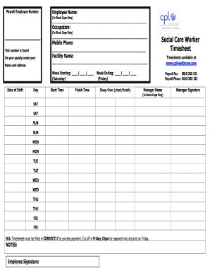 CPL Healthcare Social Care Worker Timesheet - Fill Out, Sign & Share ...