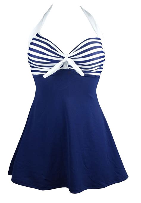 Cocoship White & Navy Blue Striped Vintage Sailor Pin Up Swimsuit One ...