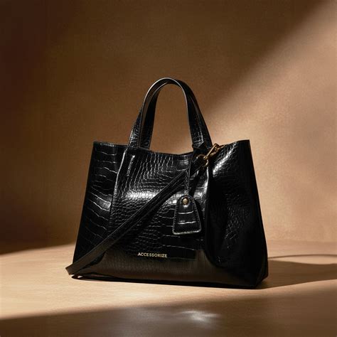 Black Patent Faux Croc Skin Tote Bag - Accessorize India