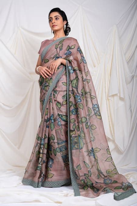 Buy Pink Organza, Flower And Bird Kalamkari Pattern Saree With ...