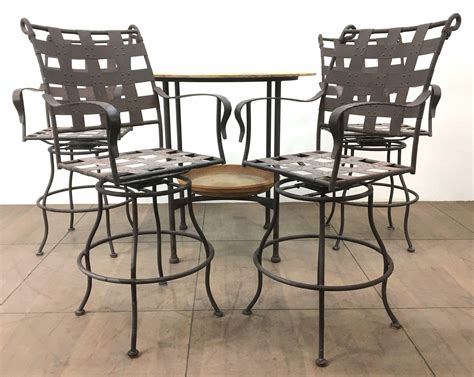 Lot - (5pc) Iron & Stone Patio Pub Table & Barstools
