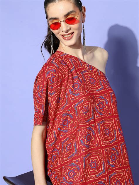 Maroon Bandhani One Shoulder Top Black Harem Set - InWeave