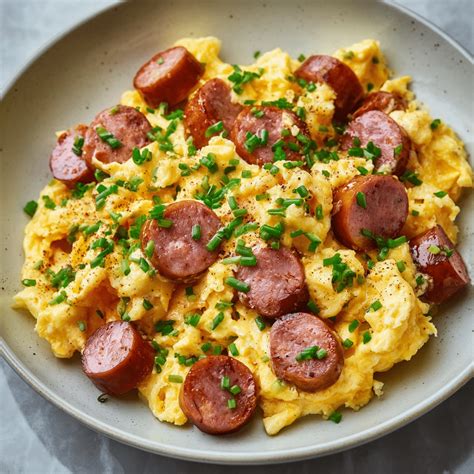 Scrambled Eggs with Kielbasa - Justine Recipes