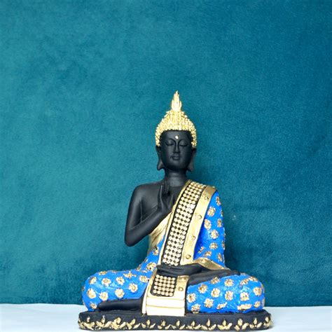 Polyresin Meditating Sitting Lord Buddha Showpiece - Cyan and Golden ...