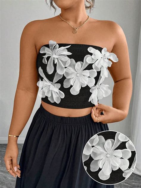 Celure Plus Size Women Summer 3D Floral Form-Fitting Bustier Crop Top ...