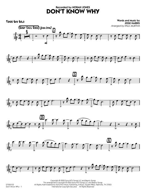 Don't Know Why (arr. Paul Murtha) - Tenor Sax Solo by Norah Jones Sheet Music for Jazz Ensemble ...