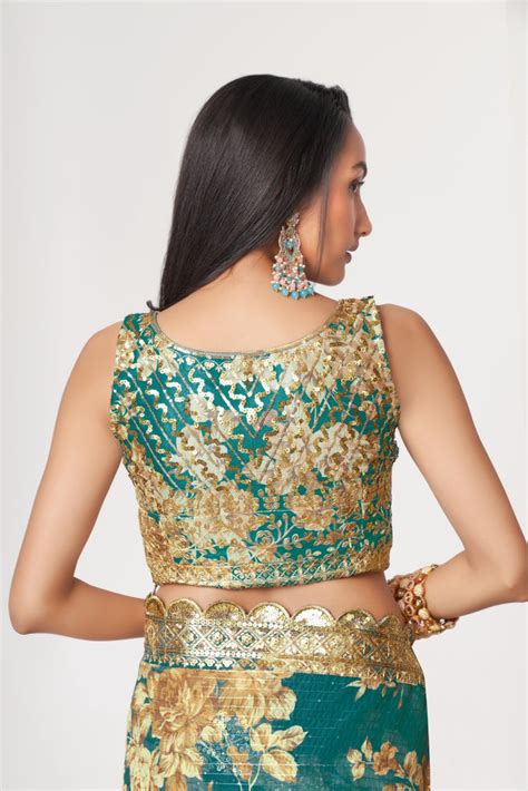 Teal Blue Organza Saree with Sequin Embroidery and Digital P