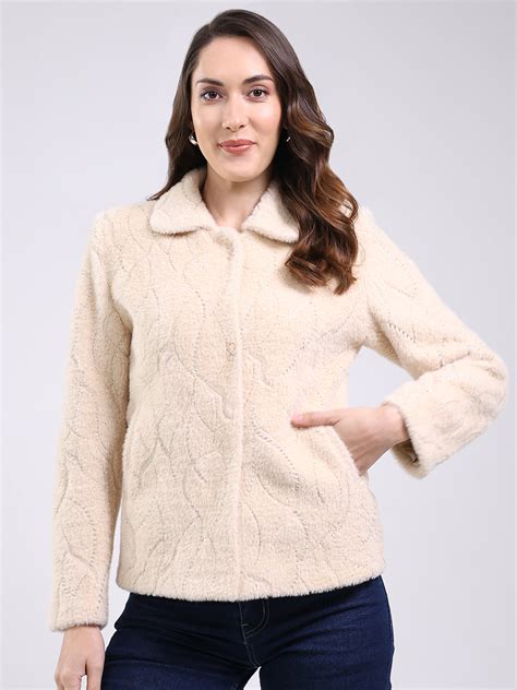 Buy Women Beige Self Design Collar Full Sleeve Coat Online in India ...