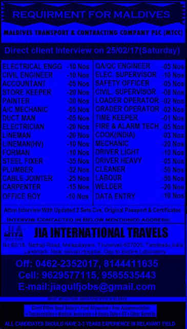 Requirement for Maldives : Direct Client Interview on Saturday