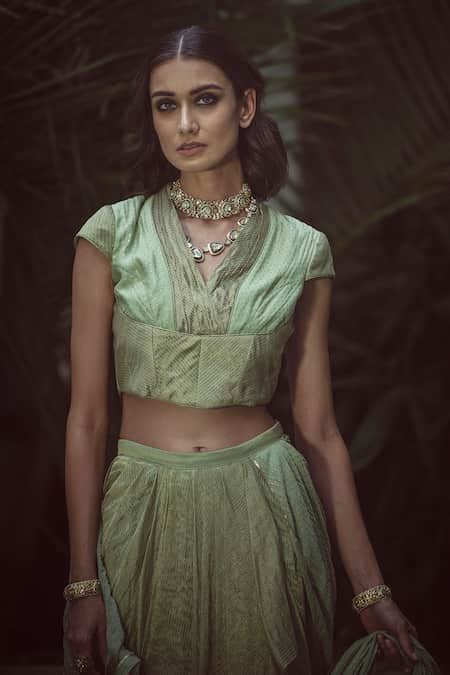 Buy Green Chanderi Zari Shawl Neck Hand Woven Soma Saree Blouse For ...
