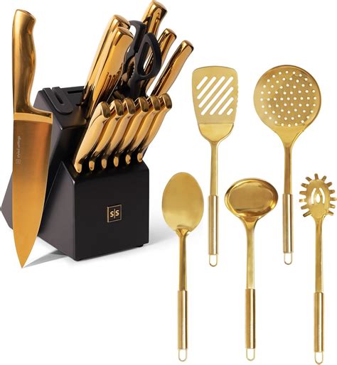 Amazon.com: Black and Gold Knife Set with Block Self Sharpening and ...