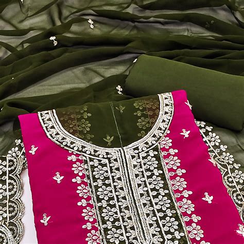 Mehendi Green Floral Embroidered Georgette Dress Material