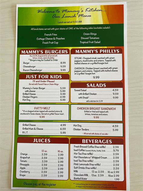 Menu at Mammy's Kitchen restaurant, Myrtle Beach, N Kings Hwy