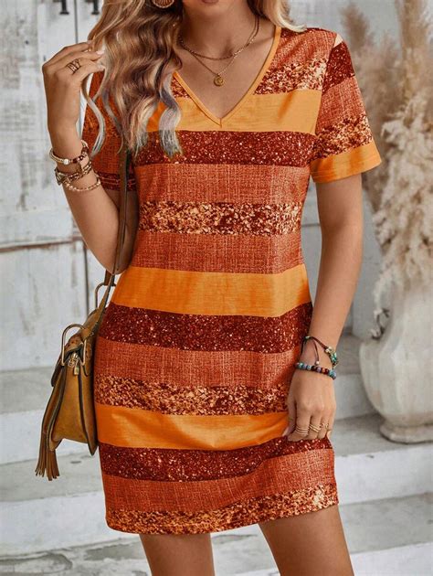 EMERY ROSE Colorblock V Neck Short Sleeve Tee Dress For Summer | SHEIN USA