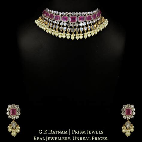 14k Gold And Diamond Polki Open Setting Choker Necklace Set with facet ...