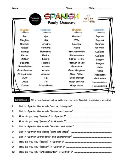Spanish Family Members Vocabulary Word List Worksheet & Answer Key ...