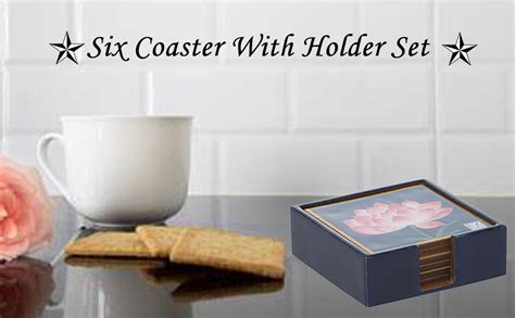 EZ Life Six Coasters with Holder Set - Serene Lotus - Navy Blue - Wood ...