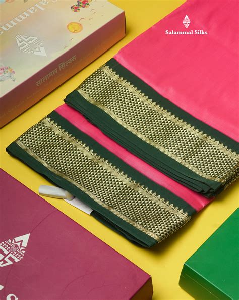 9.5 Yards Semi Silk Saree Pink with Contrast Bottle Green Border ...