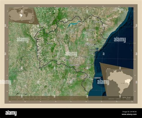 Bahia, state of Brazil. High resolution satellite map. Locations and names of major cities of ...