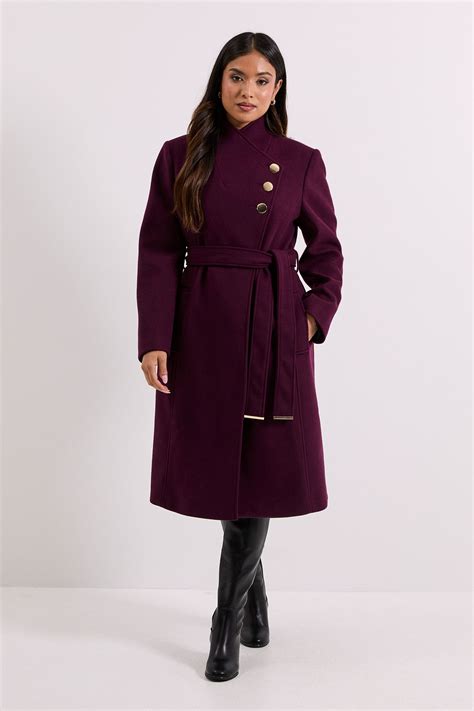 Jackets & Coats | Petite Funnel Neck Belted Coat | Dorothy Perkins