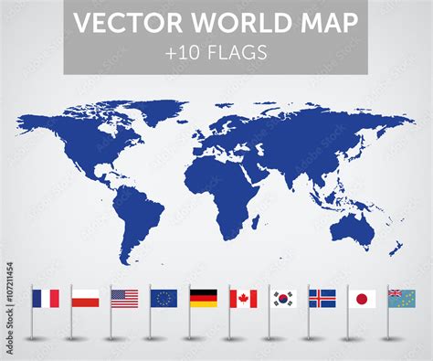 Vector world map + 10 flags Stock Vector | Adobe Stock