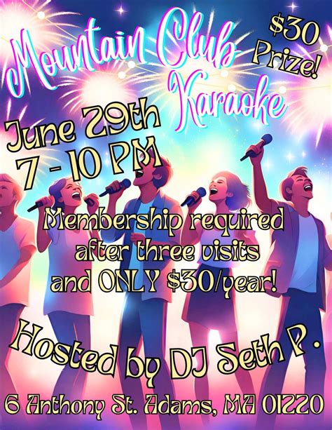 Karaoke at the Mountain Club!, Mountain Club, Adams, 29 June 2024 ...