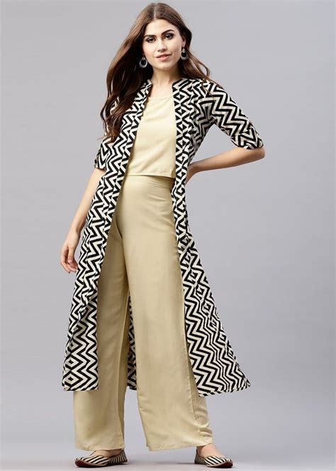 Get Solid Beige Crop Top and Palazzo With Chevron Printed Jacket Co-Ord ...