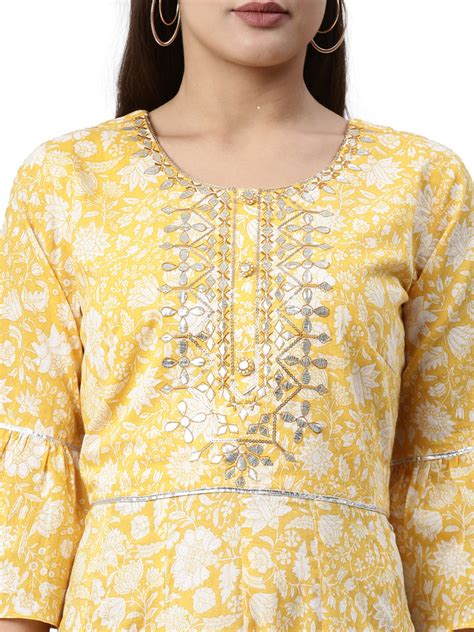 Neerus Yellow Floral Printed Cotton A-Line Kurti for Casual Festive ...