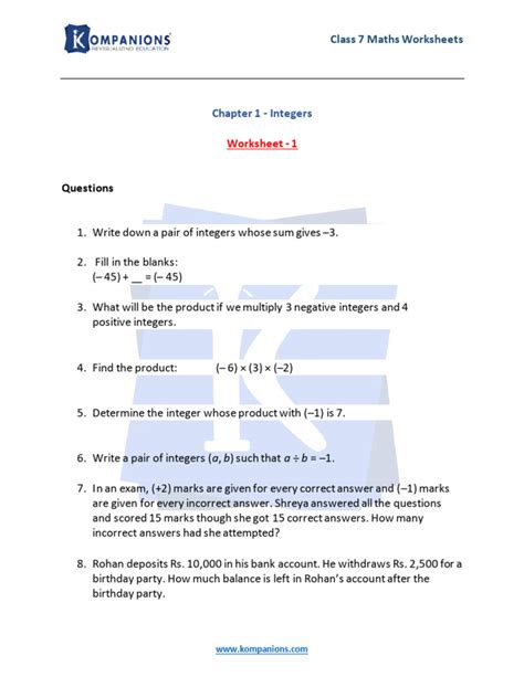 Image result for NCERT Class 7 Maths Chapter 1 Worksheet