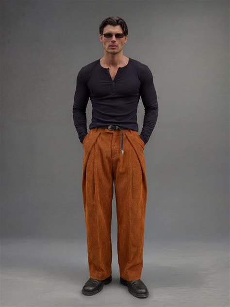Mustard Orange Pleated Corduroy Korean Pants | Buy Trousers | Fugazee ...