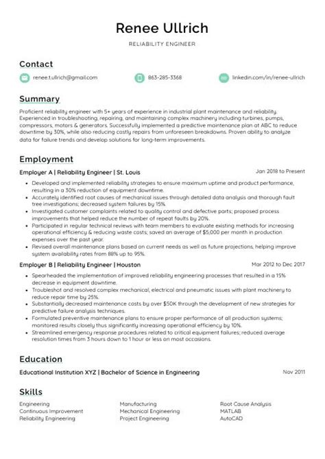 Image result for Reliability Engineer Resume Examples