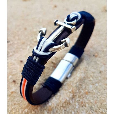 PULSERA YACHT BEACH, pulsera con cuero y cabo náutico azul navy, blanco ...