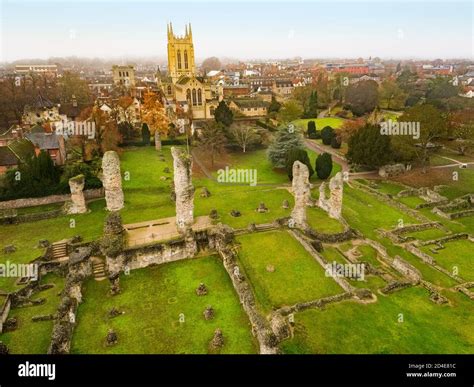 Areial view of Bury St Edmunds Cathedral and Ruins in Suffolk, England ...