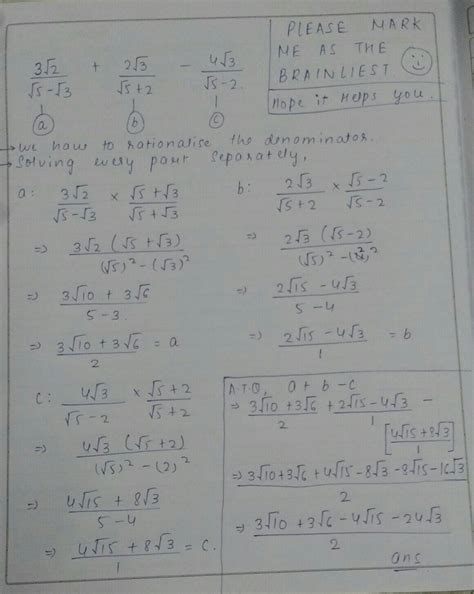 simplify 3√2/√5-√3 + 2√3/√5+2 - 4√3/√5-√2 - Brainly.in