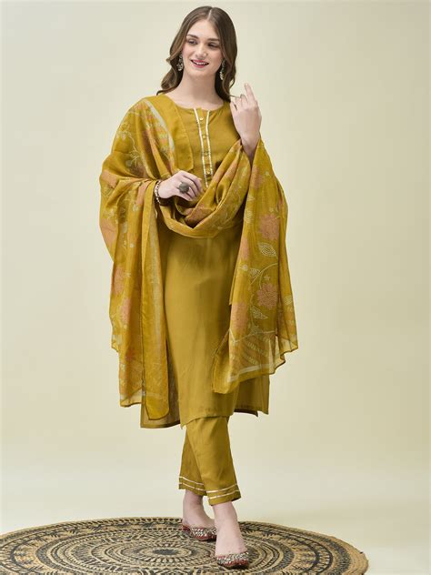 Women Liva Rayon Olive Solid Kurta Trouser Dupatta