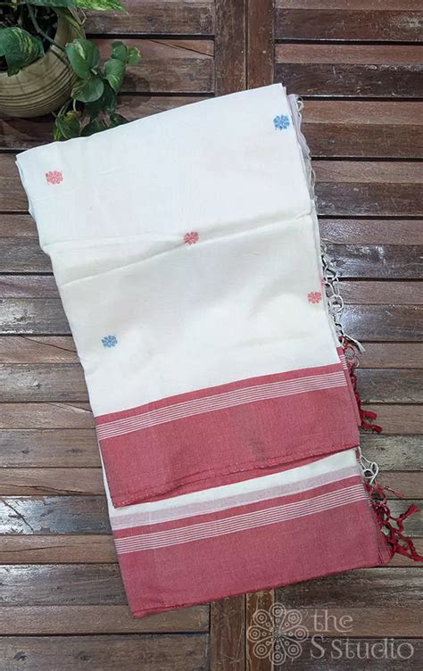 Buy Off White Bengal Cotton Saree Red Border | The S Studio | Best Price