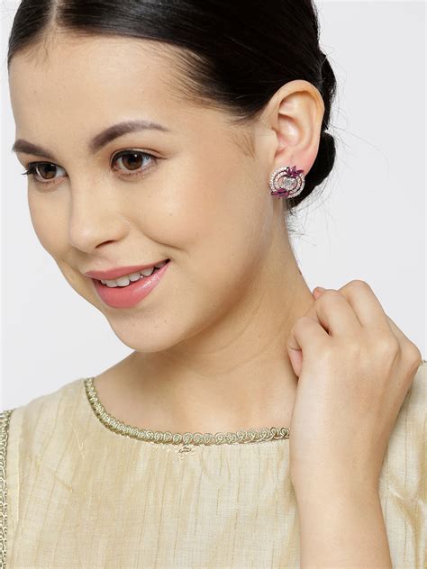 Stylish Round Shaped Pink And White American Diamond Stud Earring For ...