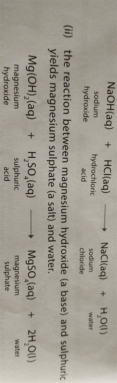 (ii) the reaction between magnesium hydroxide (a base) and sulphuric yiel..